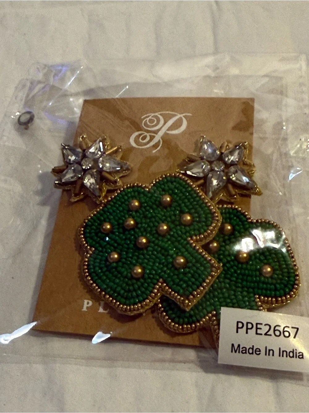 Green Beaded Clover Drop Earrings